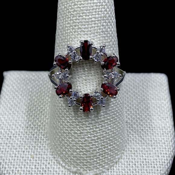 Swarovski Crystal Sterling Silver Ring Red Garnet Halo Size 9 Cocktail Ring - Picture 4 of 8